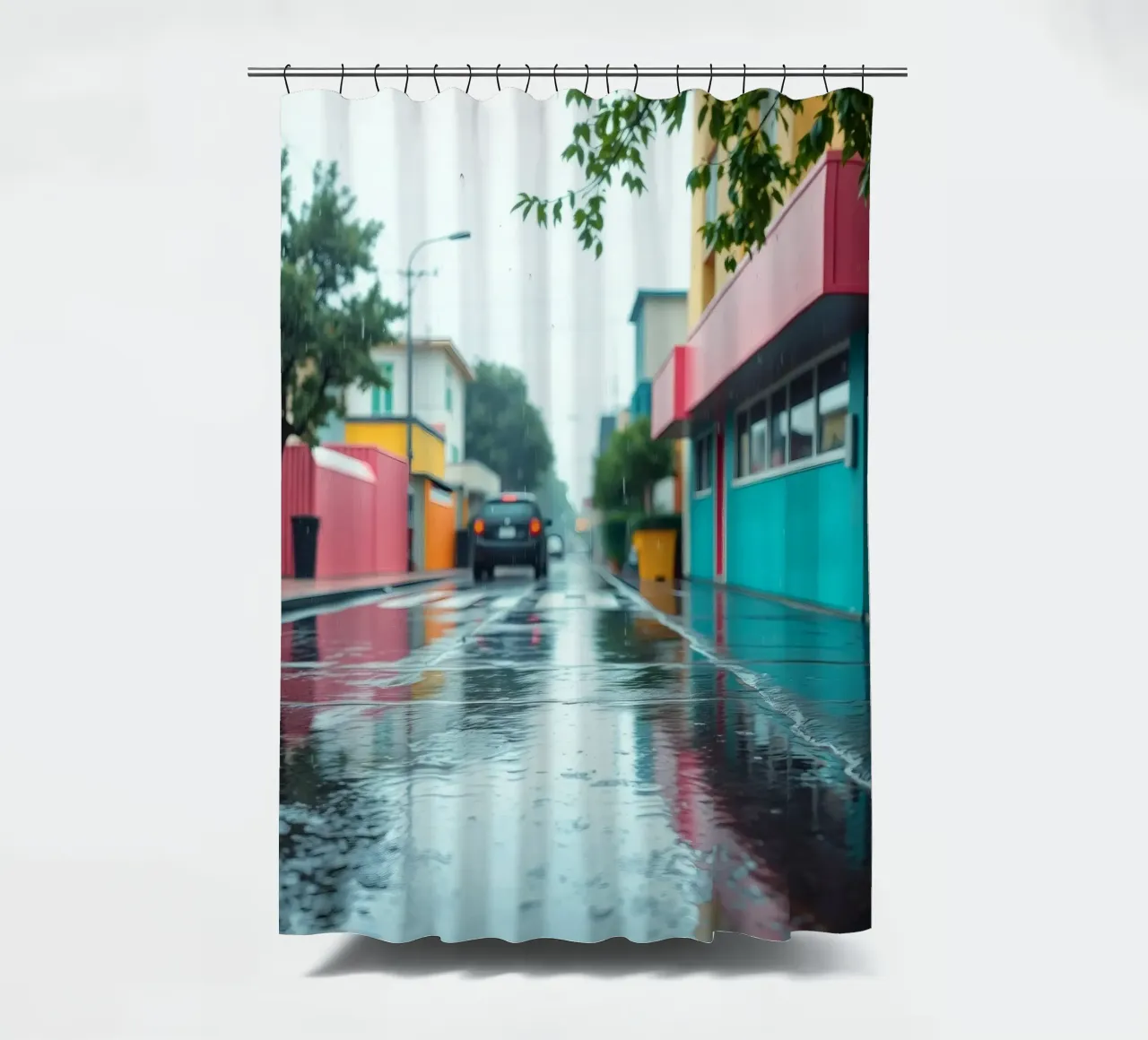 Strada bagnata dalla pioggia con edifici colorati che riflettono l'acqua tenda da doccia da DesignDoodle