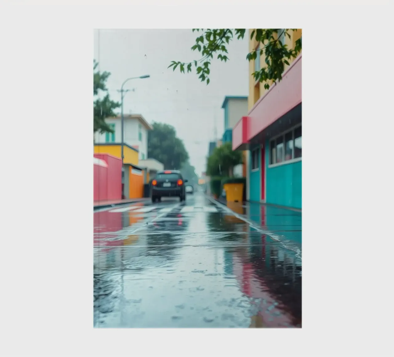 Rue détrempée par la pluie avec des bâtiments colorés reflétant l'eau carnet de notes de DesignDoodle