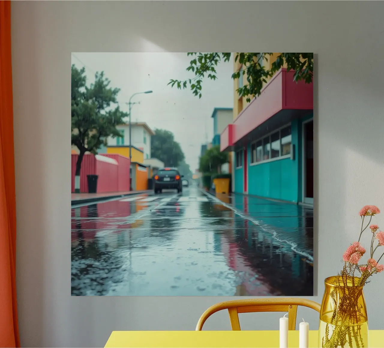 Strada bagnata dalla pioggia con edifici colorati che riflettono l'acqua plexiglass da DesignDoodle
