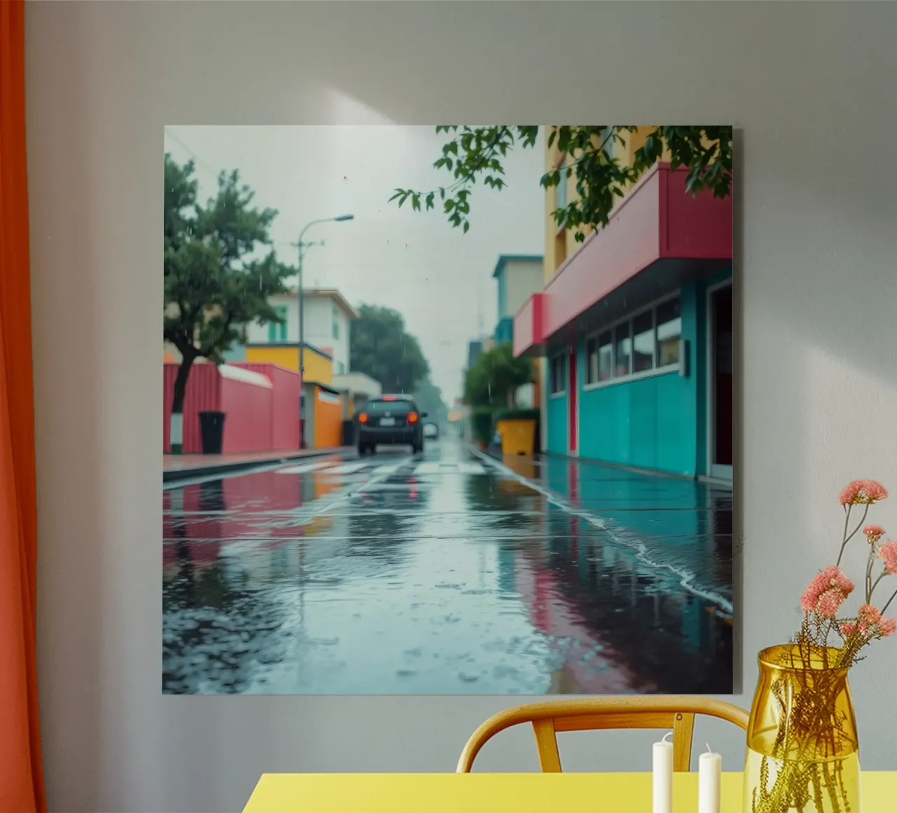 Strada bagnata dalla pioggia con edifici colorati che riflettono l'acqua alluminio dibond da DesignDoodle
