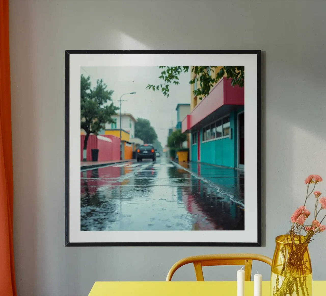 Strada bagnata dalla pioggia con edifici colorati che riflettono l'acqua carta hahnemühle da DesignDoodle