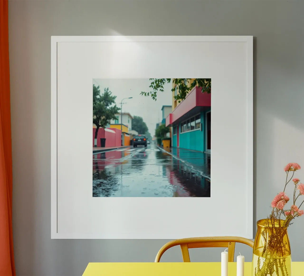 Strada bagnata dalla pioggia con edifici colorati che riflettono l'acqua carta hahnemühle da DesignDoodle