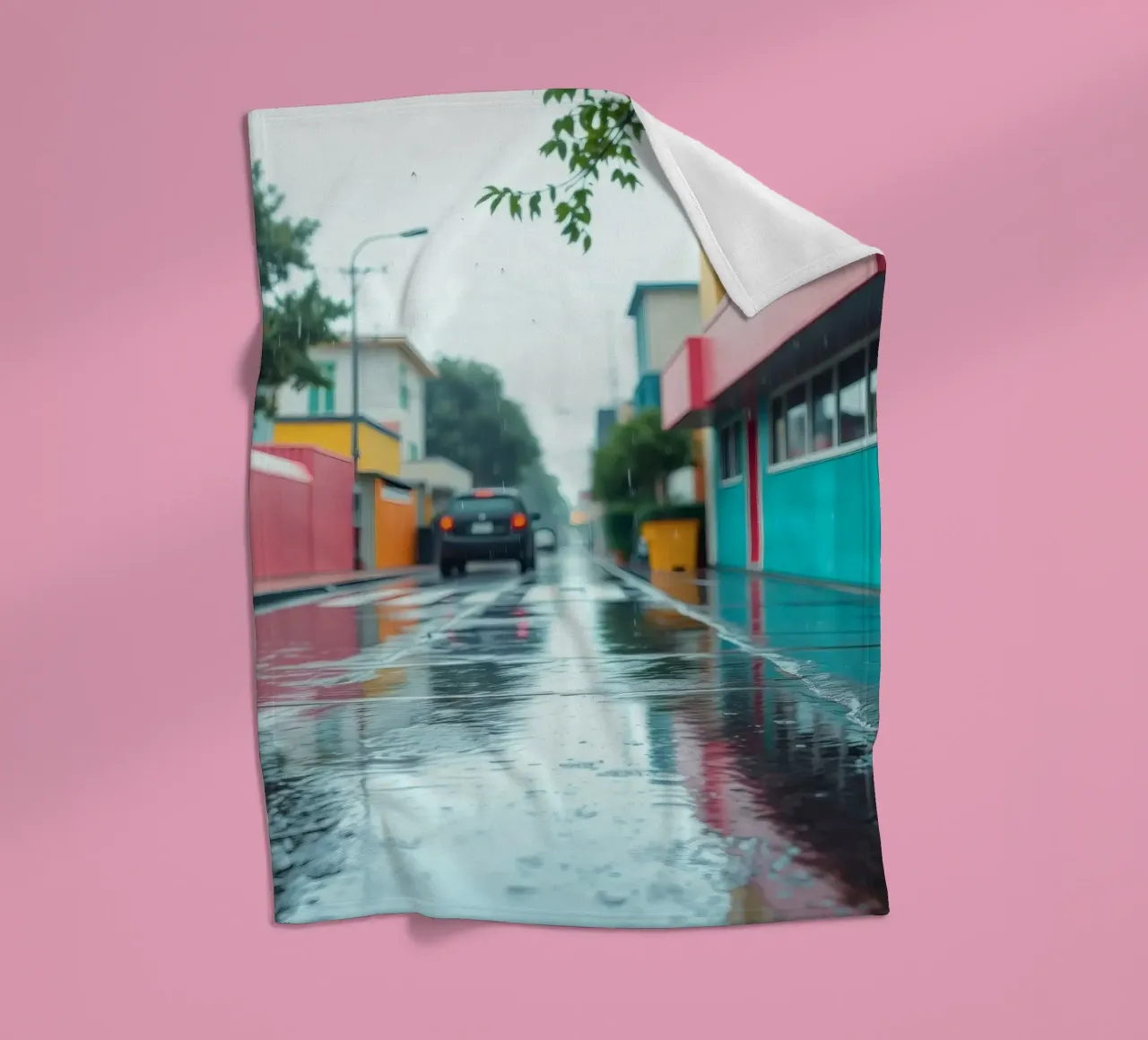 Strada bagnata dalla pioggia con edifici colorati che riflettono l'acqua coperta in pile da DesignDoodle