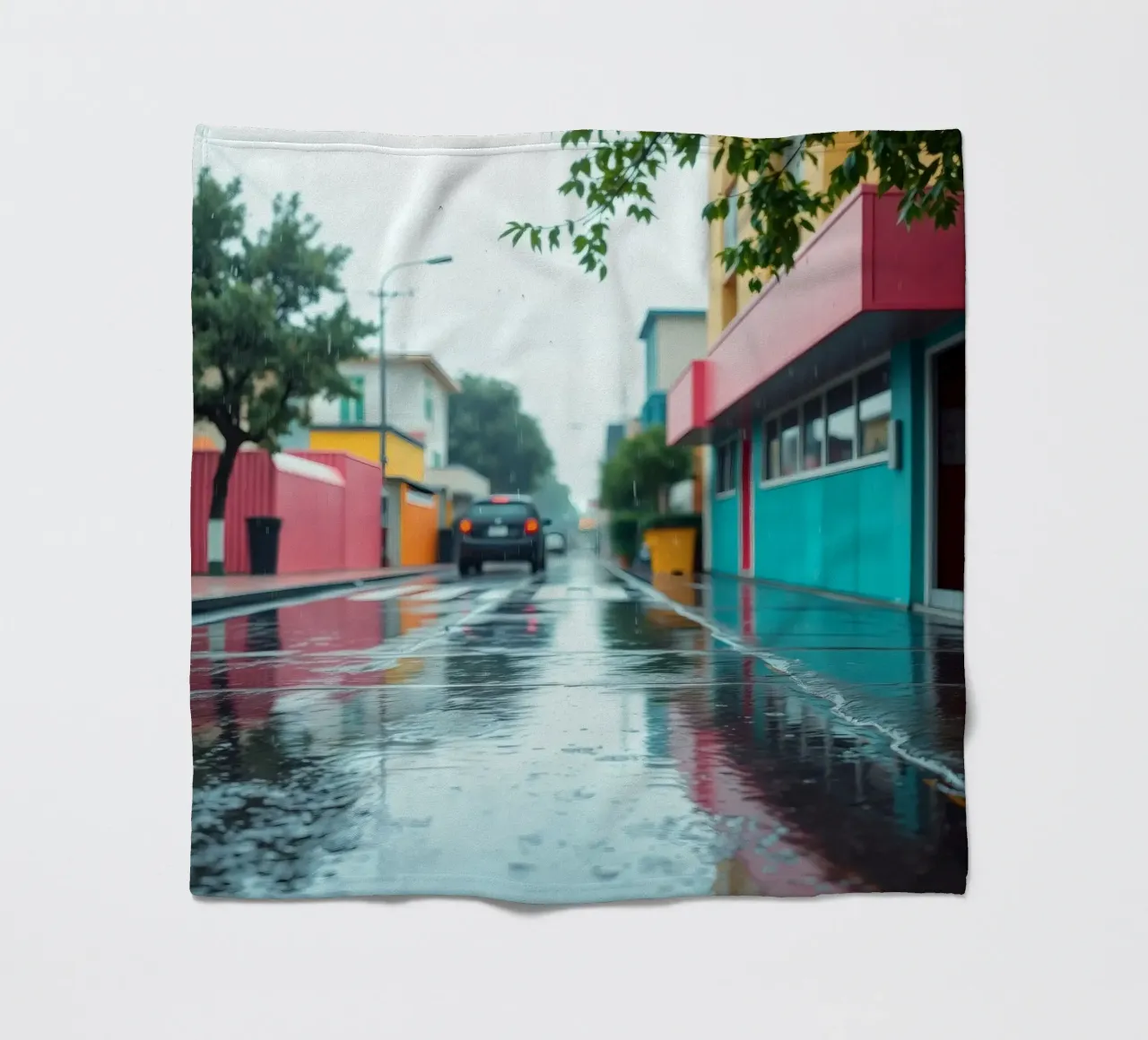 Strada bagnata dalla pioggia con edifici colorati che riflettono l'acqua coperta in pile da DesignDoodle