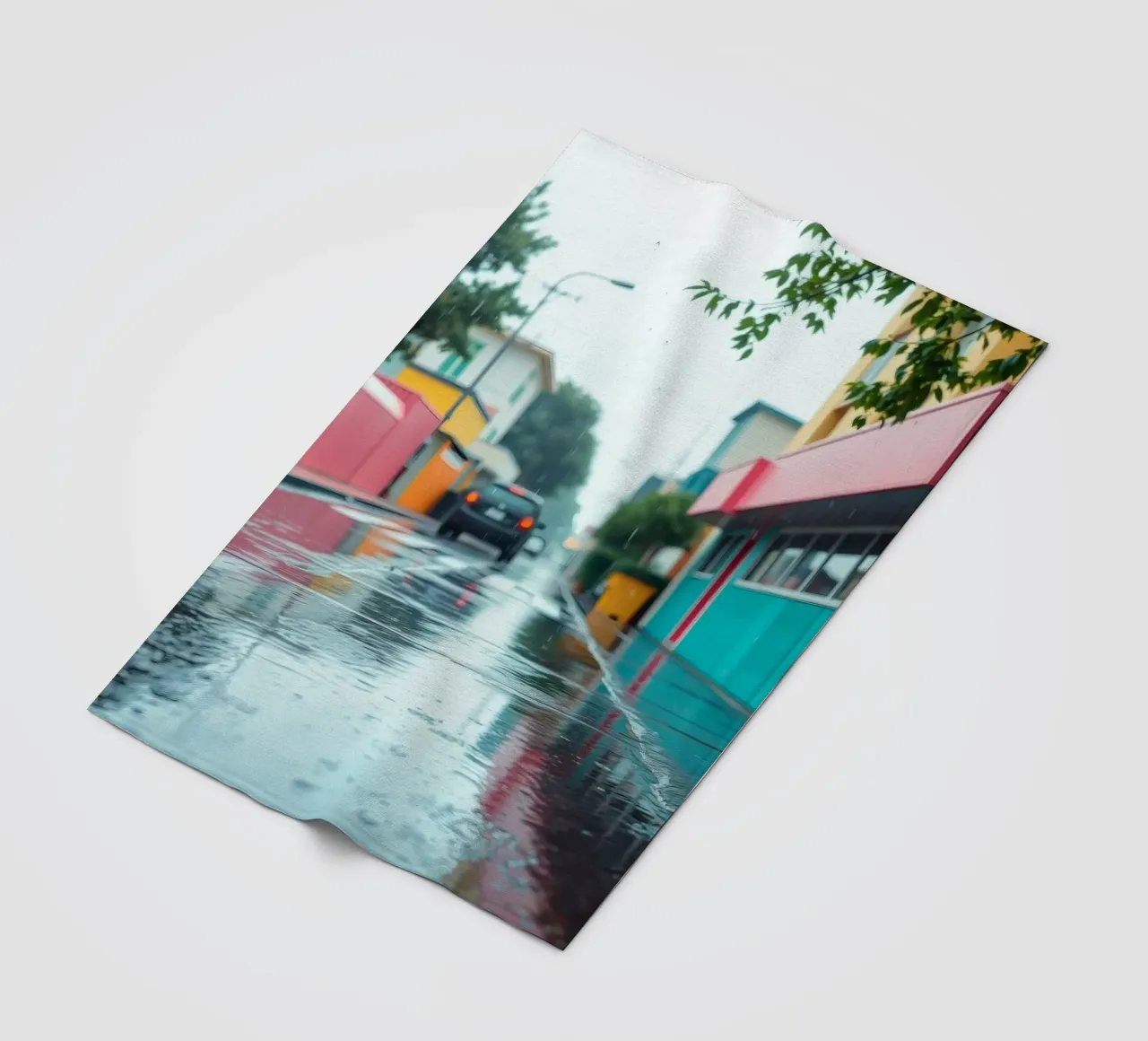 Strada bagnata dalla pioggia con edifici colorati che riflettono l'acqua coperta in pile da DesignDoodle