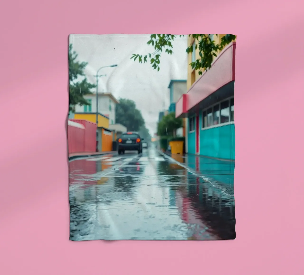 Strada bagnata dalla pioggia con edifici colorati che riflettono l'acqua coperta in pile da DesignDoodle