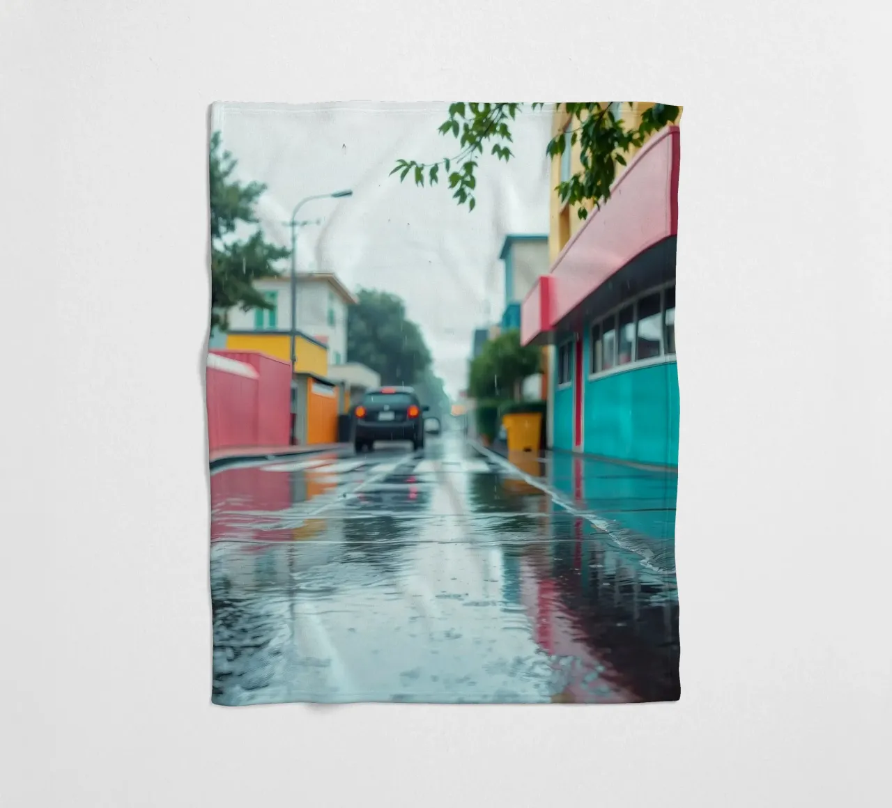 Strada bagnata dalla pioggia con edifici colorati che riflettono l'acqua coperta in pile da DesignDoodle