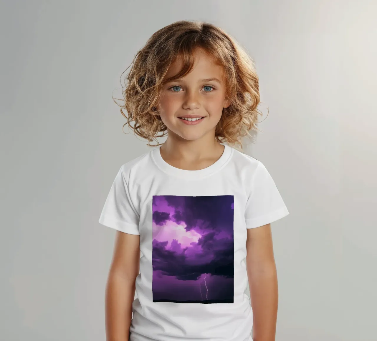 Dramatic lightning strikes illuminate a purple stormy sky kids t-shirt by DesignDoodle