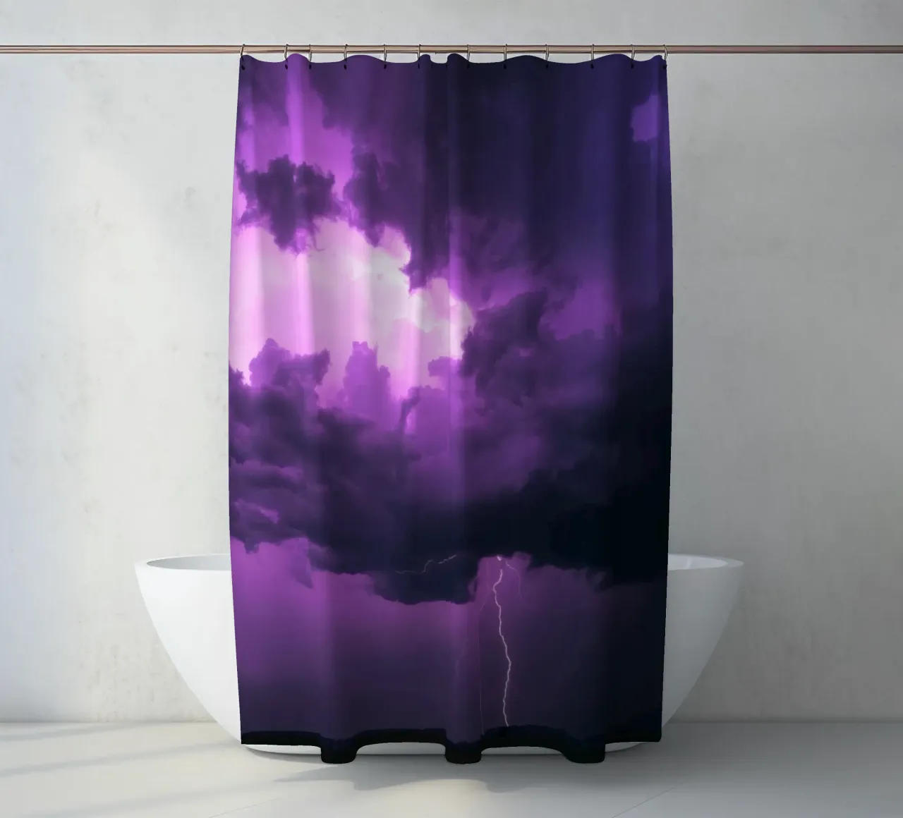 Dramatic lightning strikes illuminate a purple stormy sky shower curtain by DesignDoodle