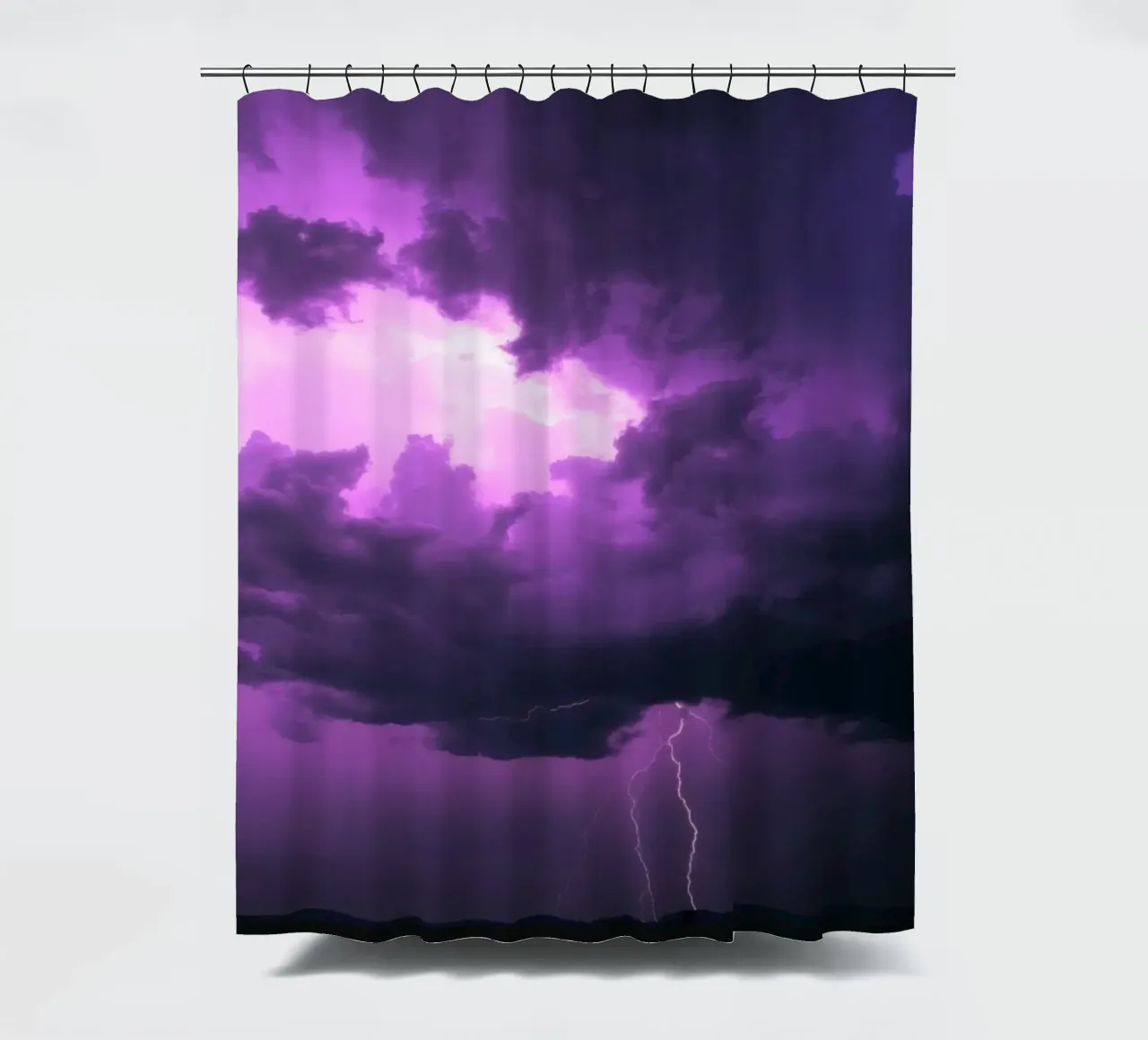 Dramatic lightning strikes illuminate a purple stormy sky shower curtain by DesignDoodle