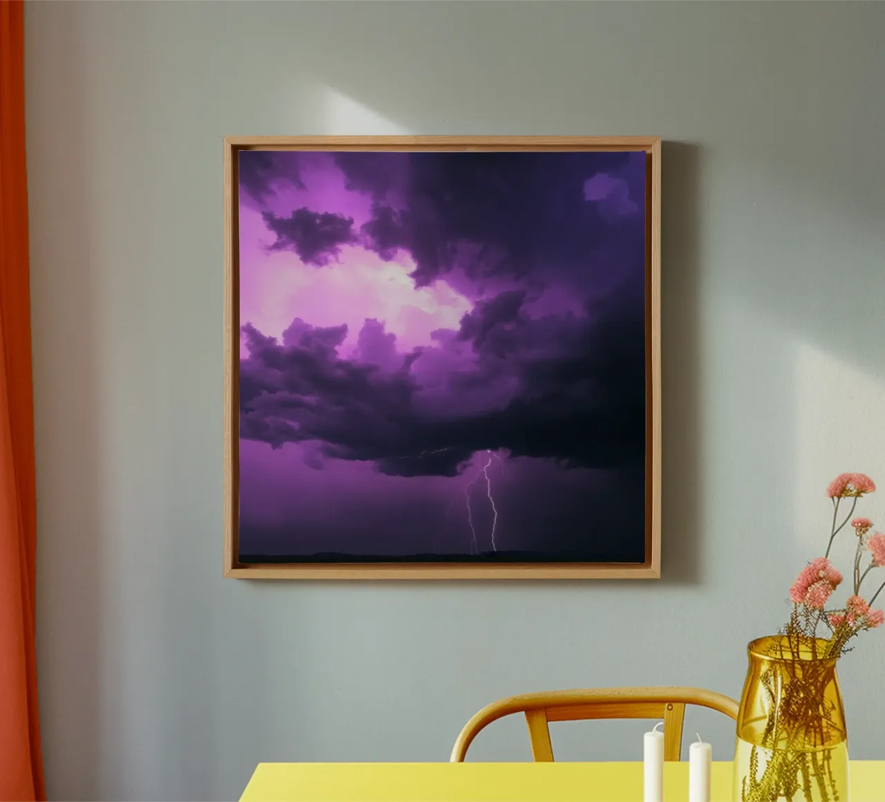 Dramatic lightning strikes illuminate a purple stormy sky canvas by DesignDoodle