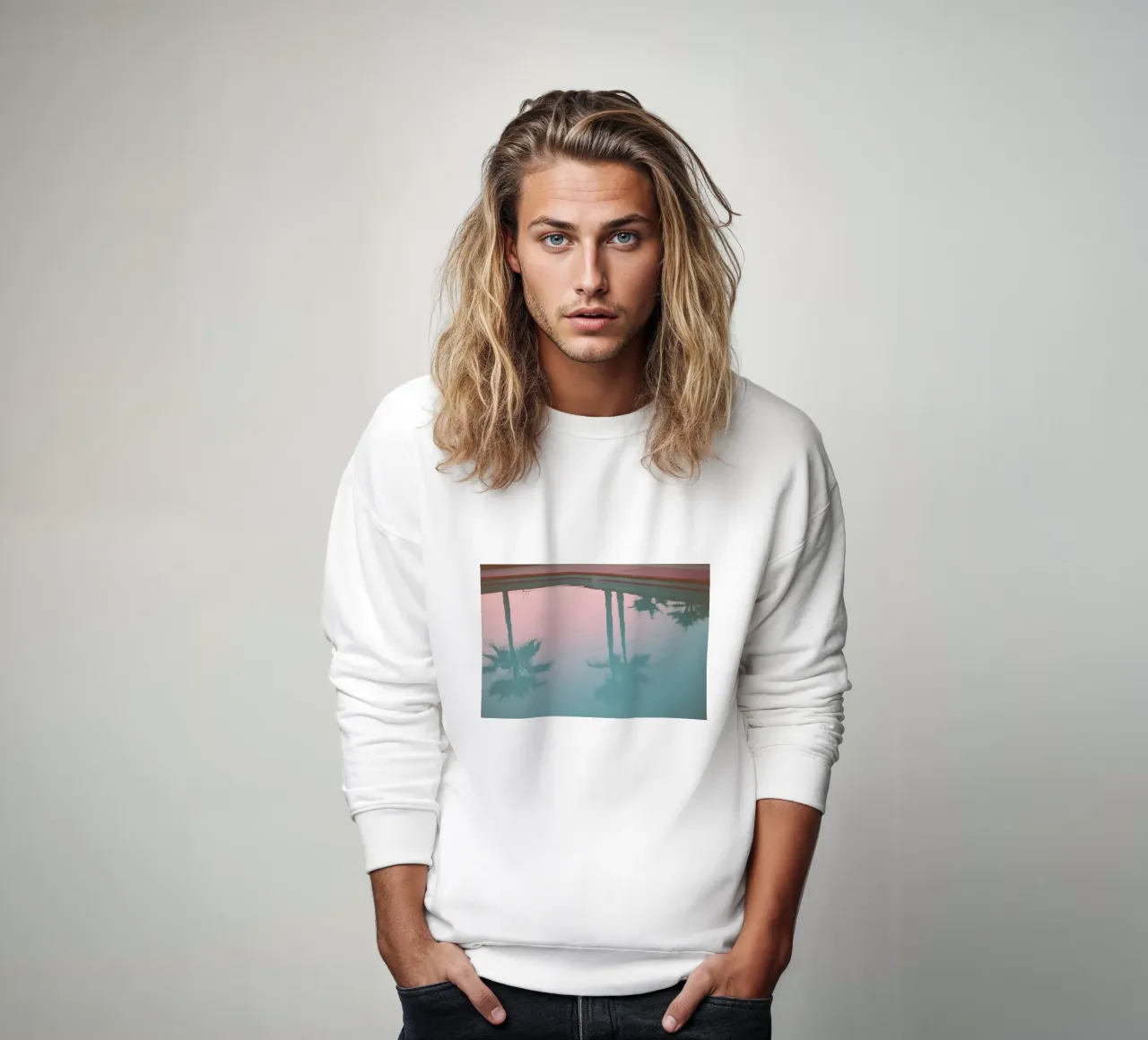 USA SérIA I Reflections of palm trees at the pool and a pink sky sweatshirt by Julie Travel Photography