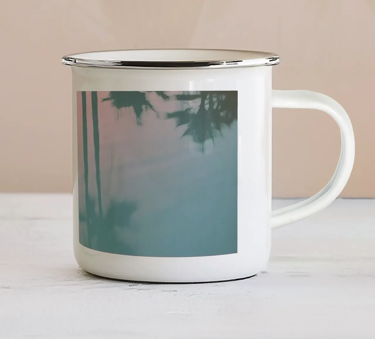 USA SérIA I Reflections of palm trees at the pool and a pink sky enamel mug by Julie Travel Photography