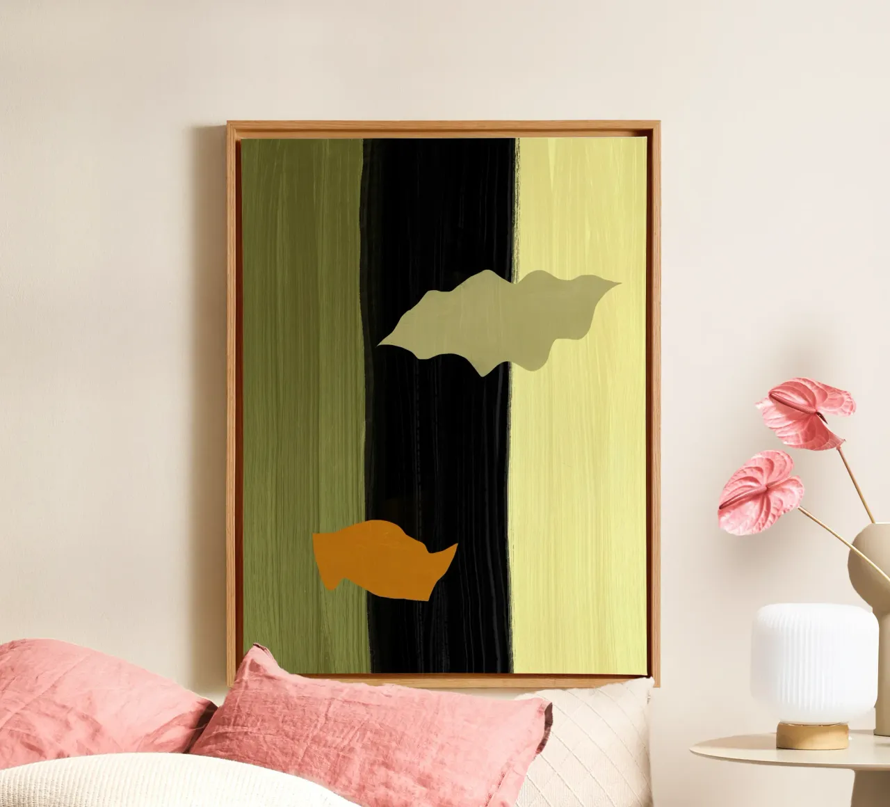 Groot abstract schilderij - Drie strepen canvas met Baklijst van Little Dean