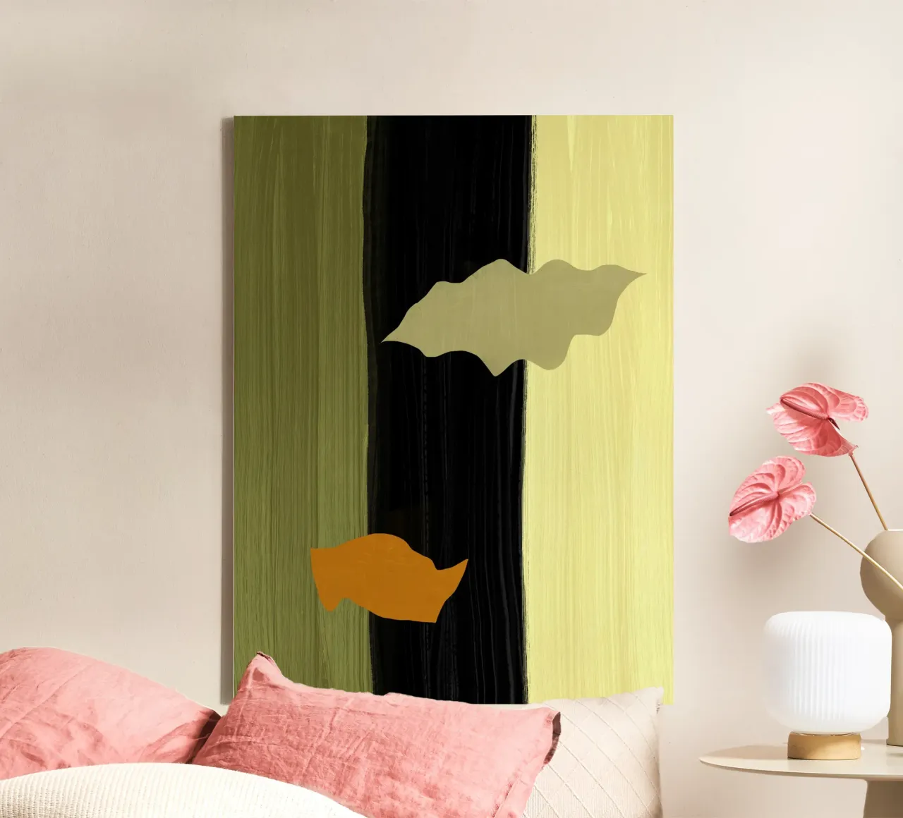 Groot abstract schilderij - Drie strepen canvas met Baklijst van Little Dean