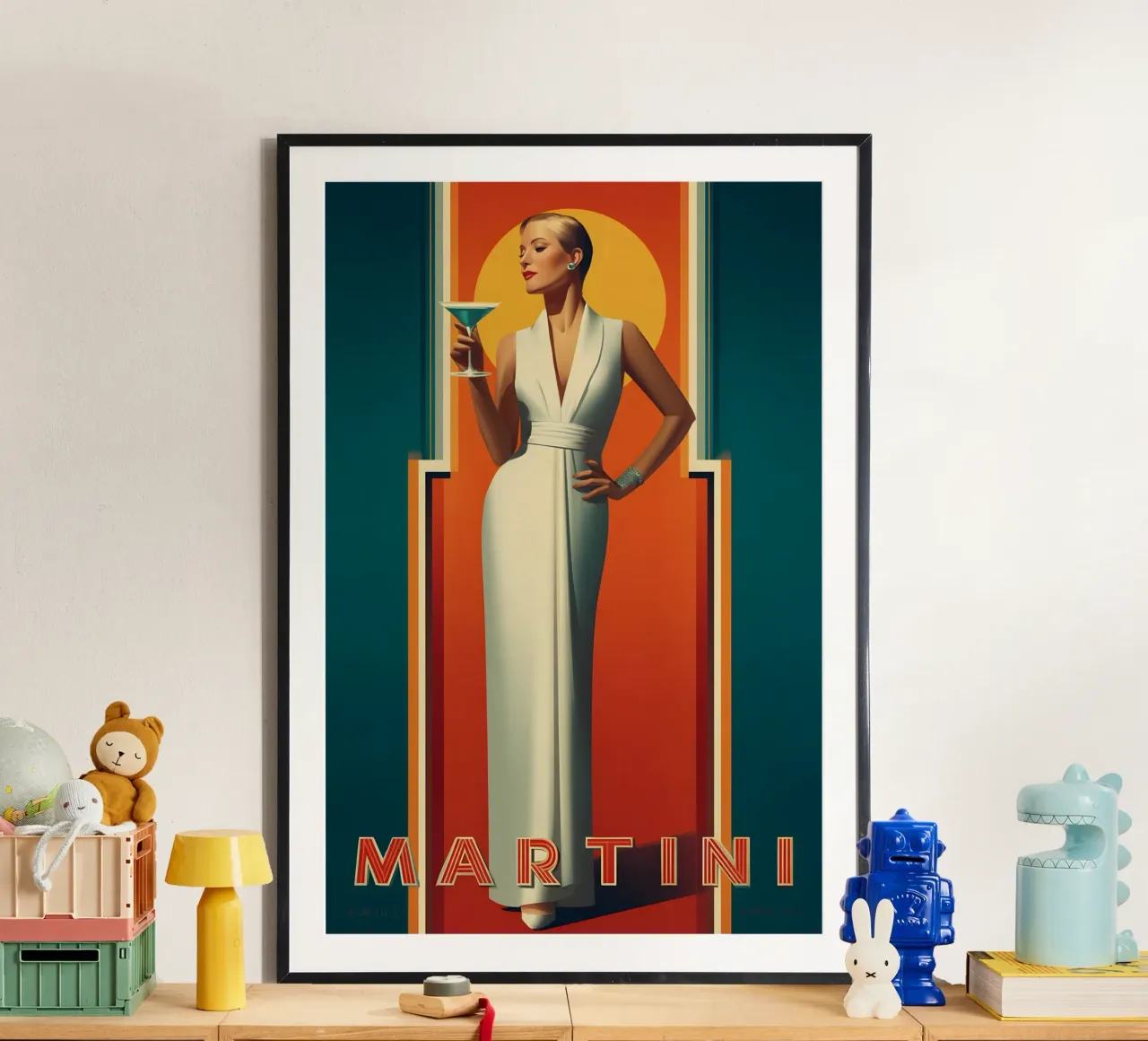 Martini in stile Art Déco poster con telaio in alluminio da M-Ulrich-Digital Art