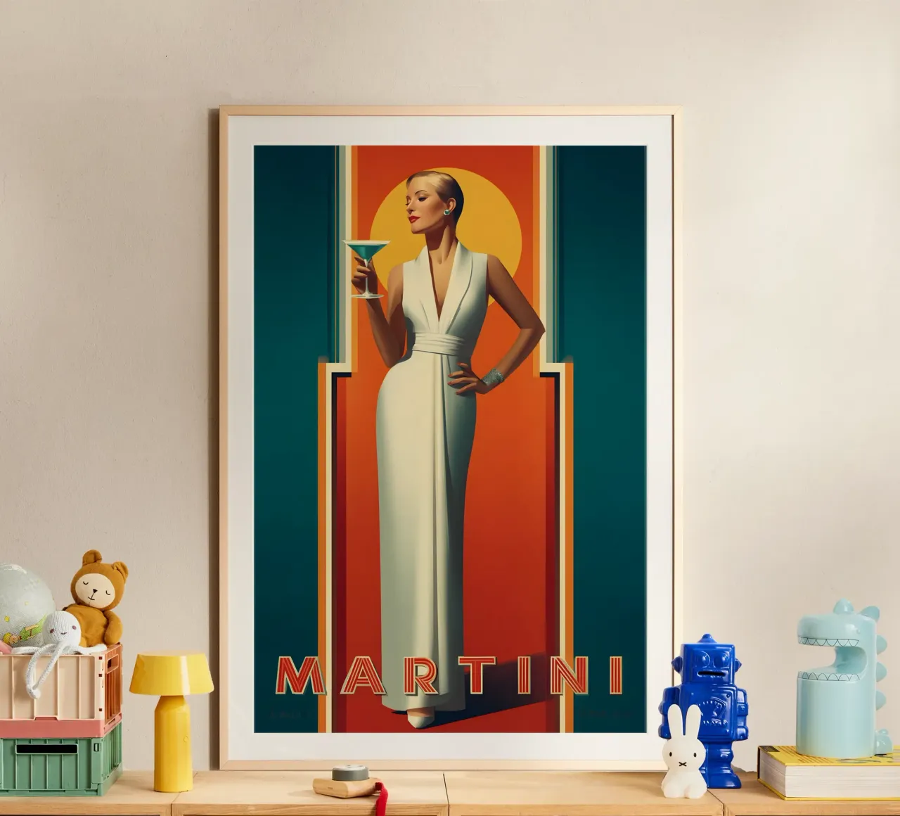 Martini in stile Art Déco poster con telaio in alluminio da M-Ulrich-Digital Art