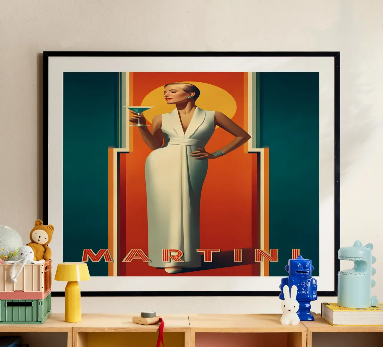 Martini in stile Art Déco poster con telaio in alluminio da M-Ulrich-Digital Art