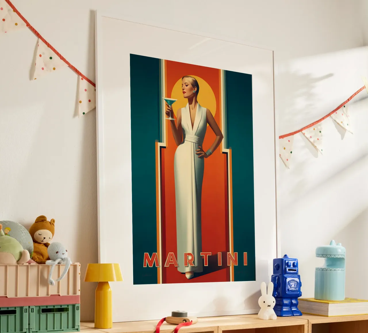 Martini in stile Art Déco poster con telaio in alluminio da M-Ulrich-Digital Art