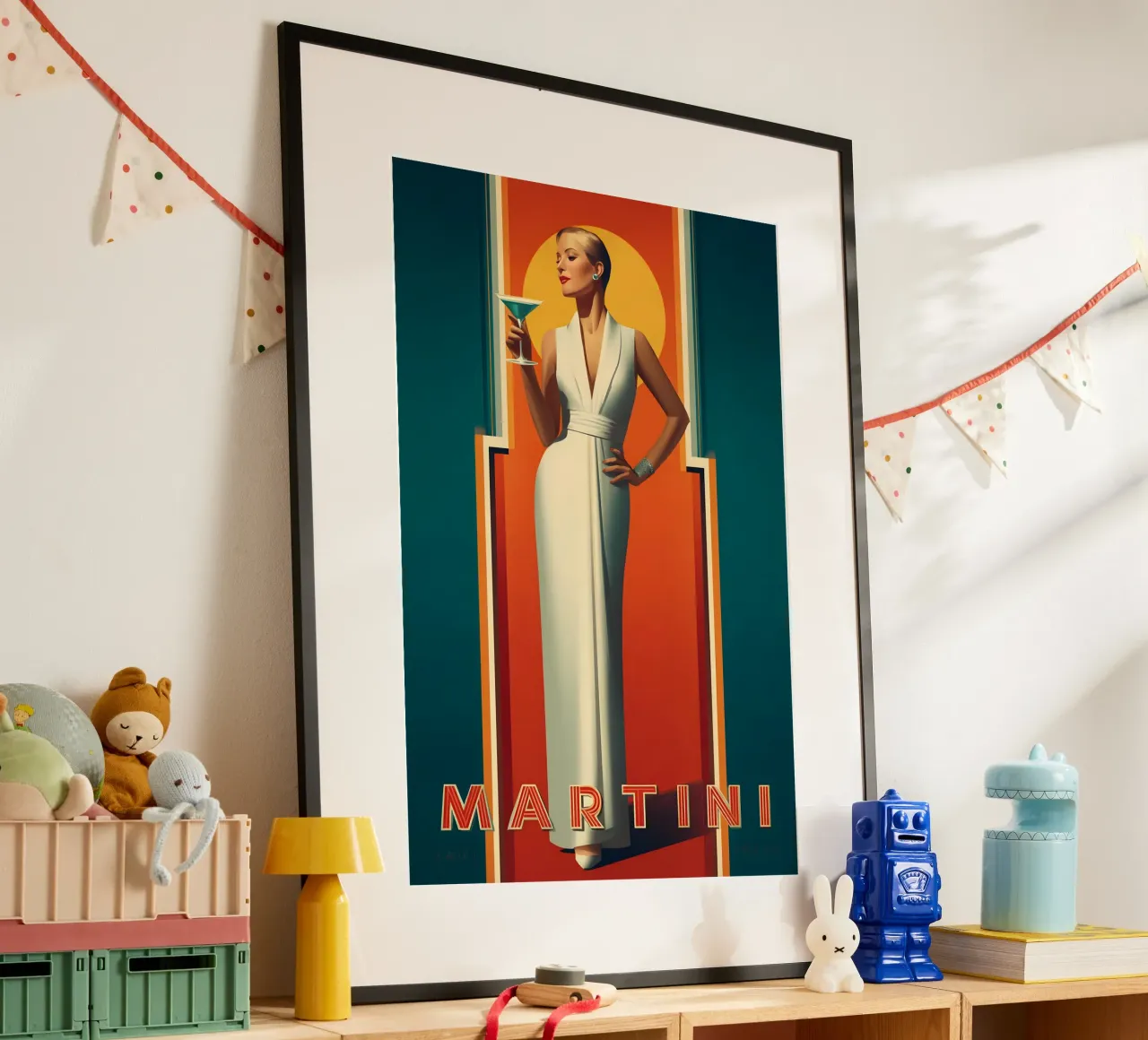 Martini in stile Art Déco poster con telaio in alluminio da M-Ulrich-Digital Art