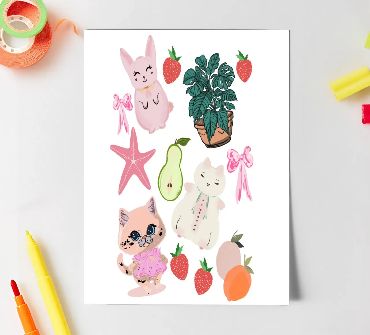 Kawaii style cute anime animals fruit plants strawberries stickervel van mysteriouscoco