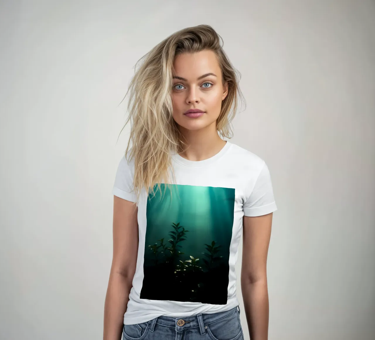 Underwater plants illuminated by soft rays of light women's fitted t-shirt by DesignDoodle
