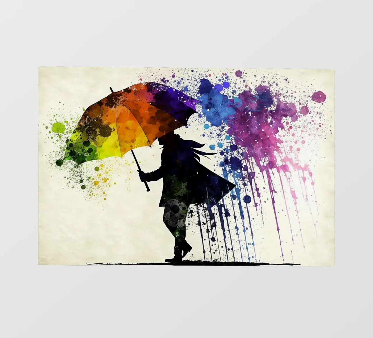 Acquerello dinamico: silhouette con ombrello e ombrello arcobaleno pellicola backlit da peuceta_BA