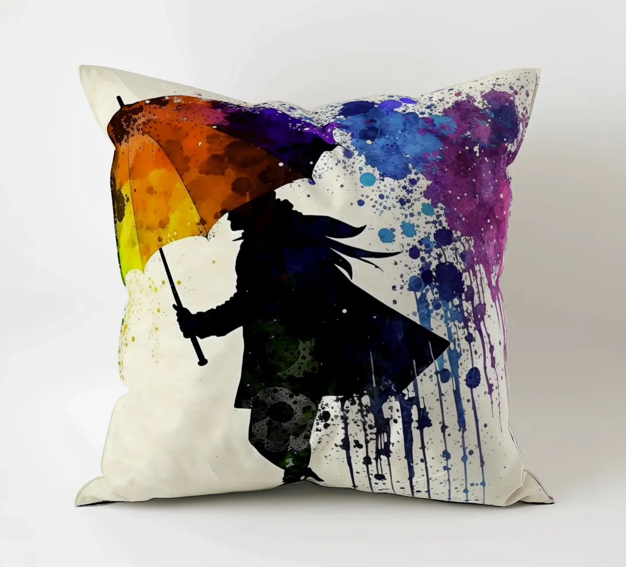 Acquerello dinamico: silhouette con ombrello e ombrello arcobaleno cuscino da peuceta_BA