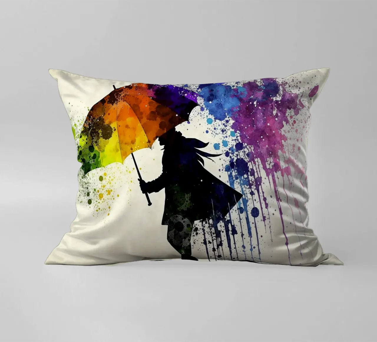 Acquerello dinamico: silhouette con ombrello e ombrello arcobaleno cuscino da peuceta_BA