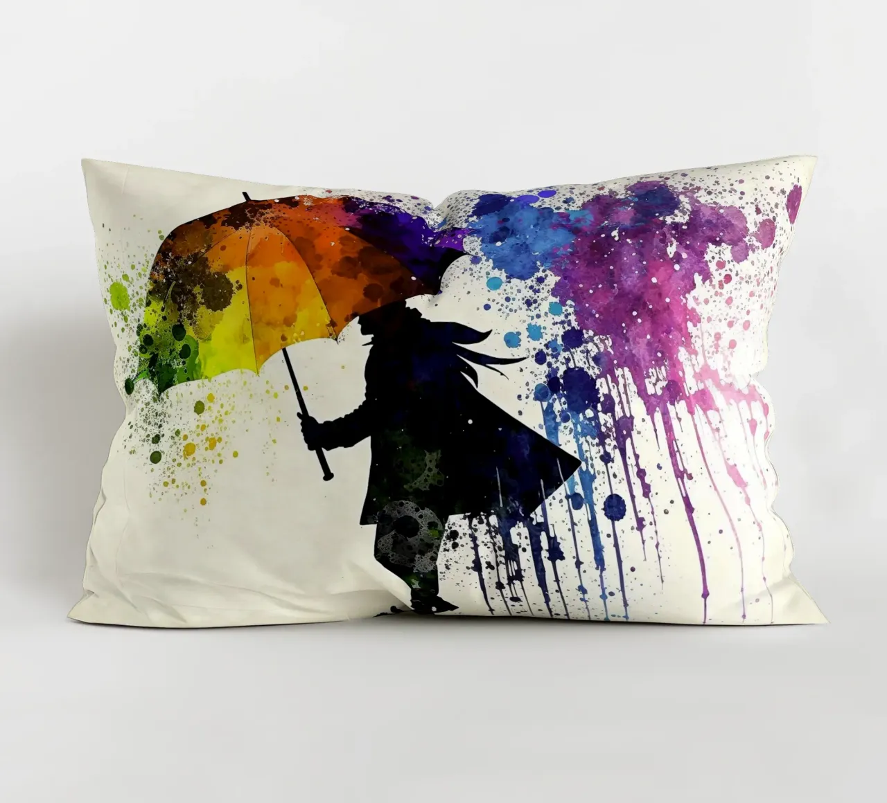 Acquerello dinamico: silhouette con ombrello e ombrello arcobaleno cuscino da peuceta_BA