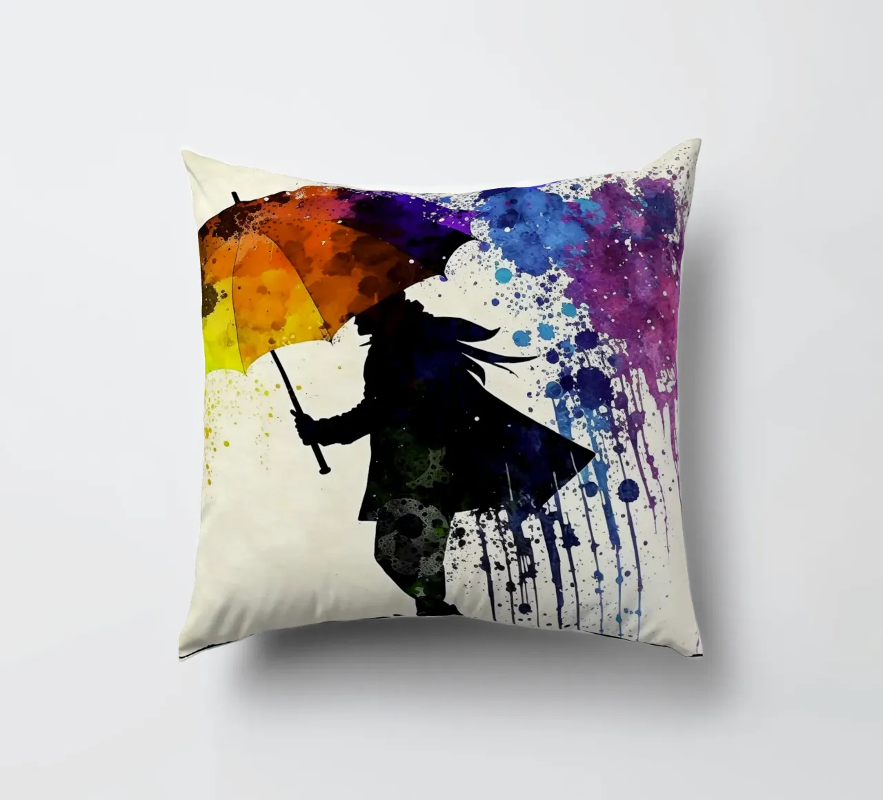 Acquerello dinamico: silhouette con ombrello e ombrello arcobaleno cuscino da peuceta_BA