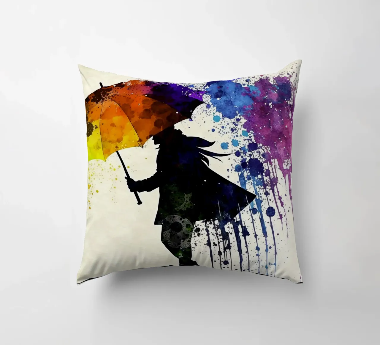 Acquerello dinamico: silhouette con ombrello e ombrello arcobaleno cuscino da peuceta_BA