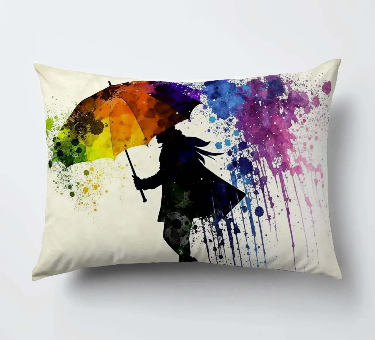 Acquerello dinamico: silhouette con ombrello e ombrello arcobaleno cuscino da peuceta_BA