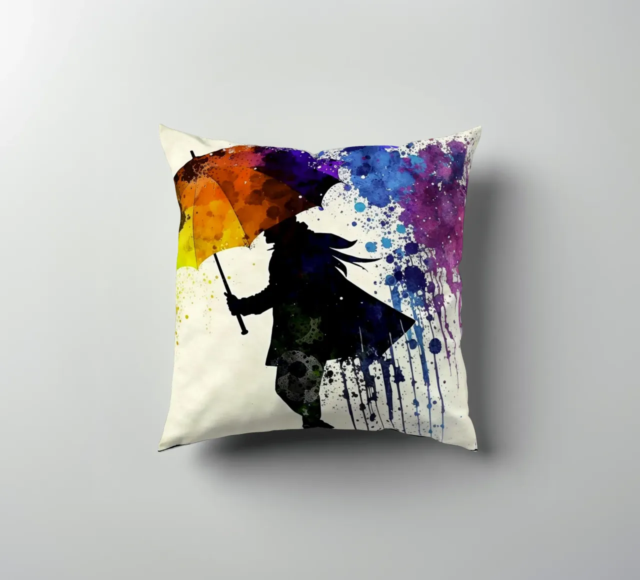 Acquerello dinamico: silhouette con ombrello e ombrello arcobaleno cuscino da peuceta_BA