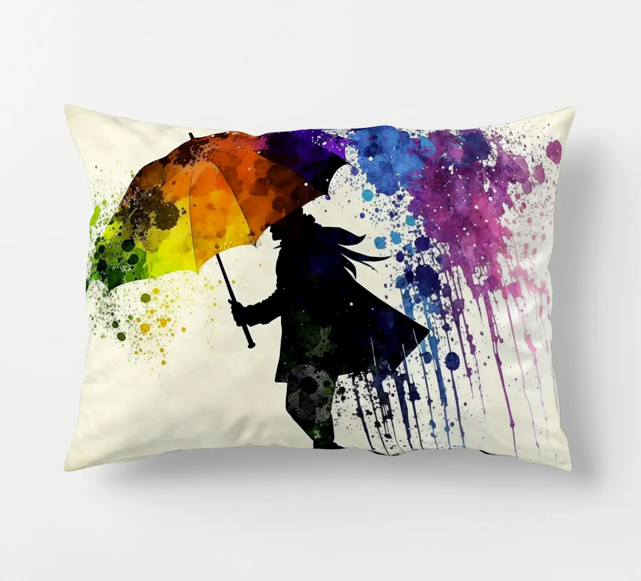 Acquerello dinamico: silhouette con ombrello e ombrello arcobaleno cuscino da peuceta_BA