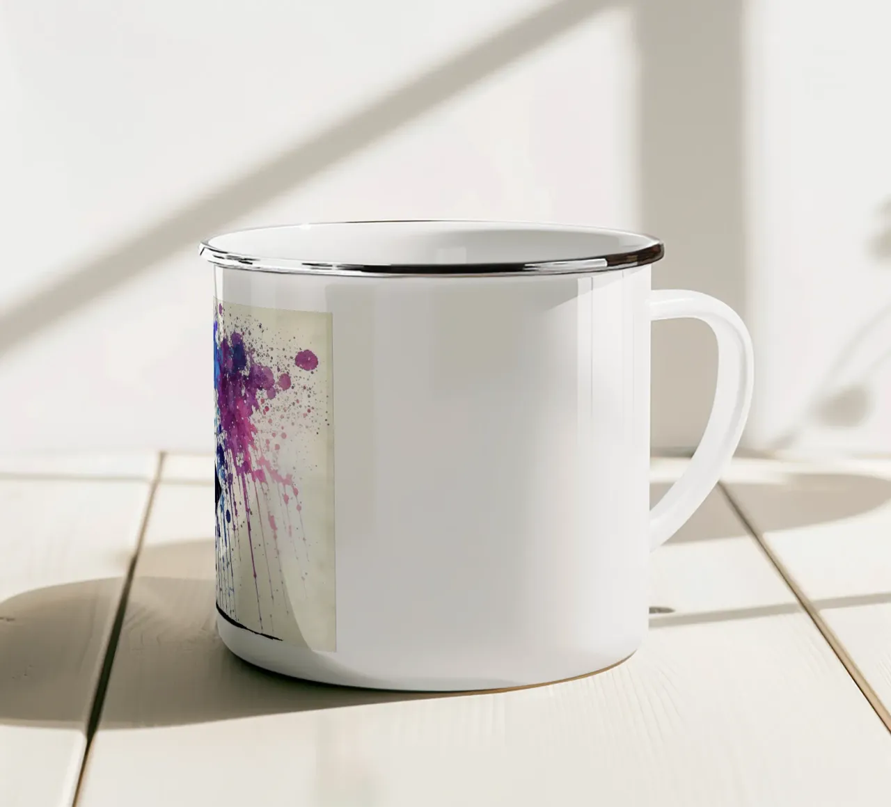 Acquerello dinamico: silhouette con ombrello e ombrello arcobaleno tazza in smalto da peuceta_BA