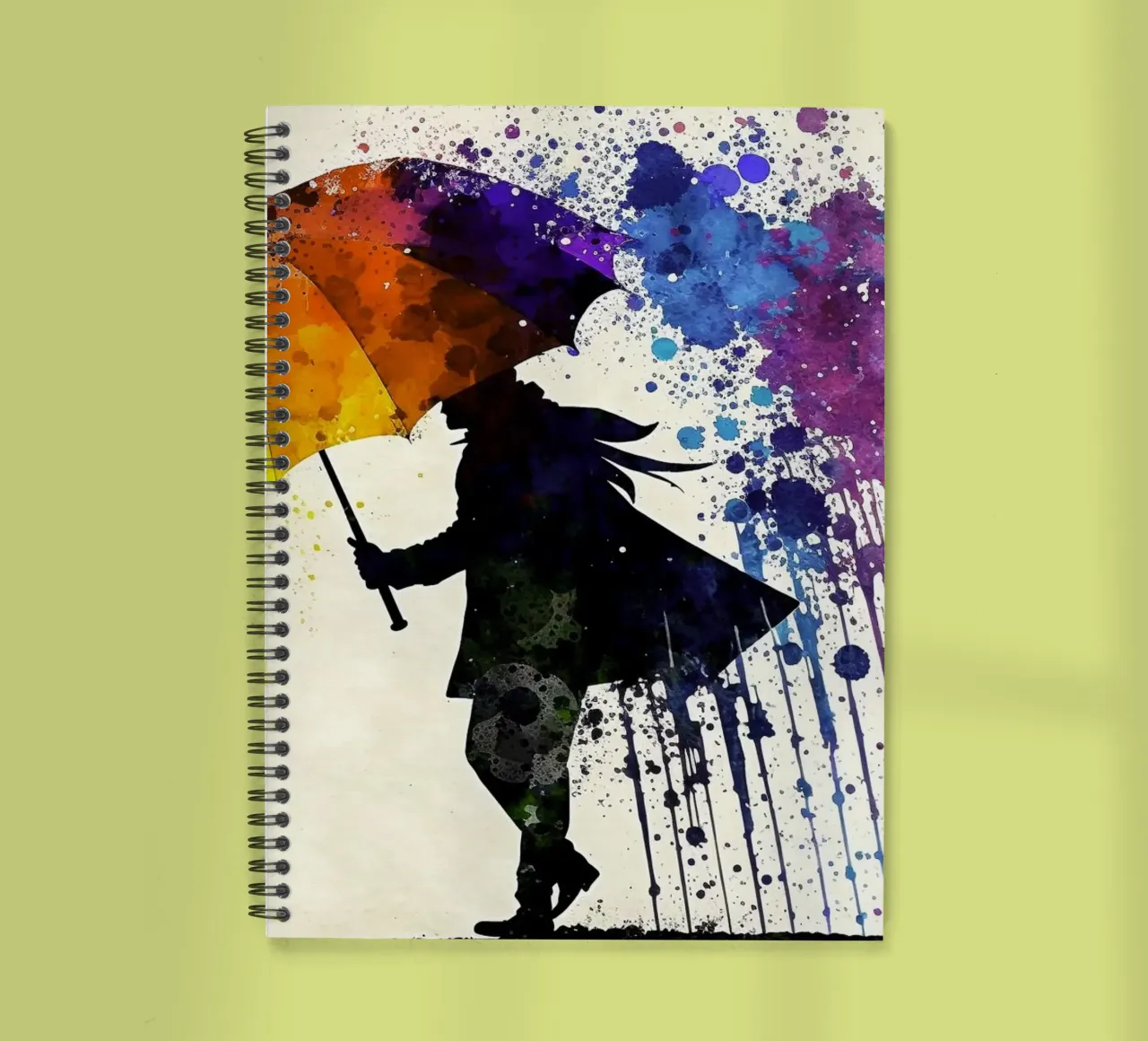Dynamic watercolor art: silhouette with rainbow umbrella and spiral notebook by peuceta_BA