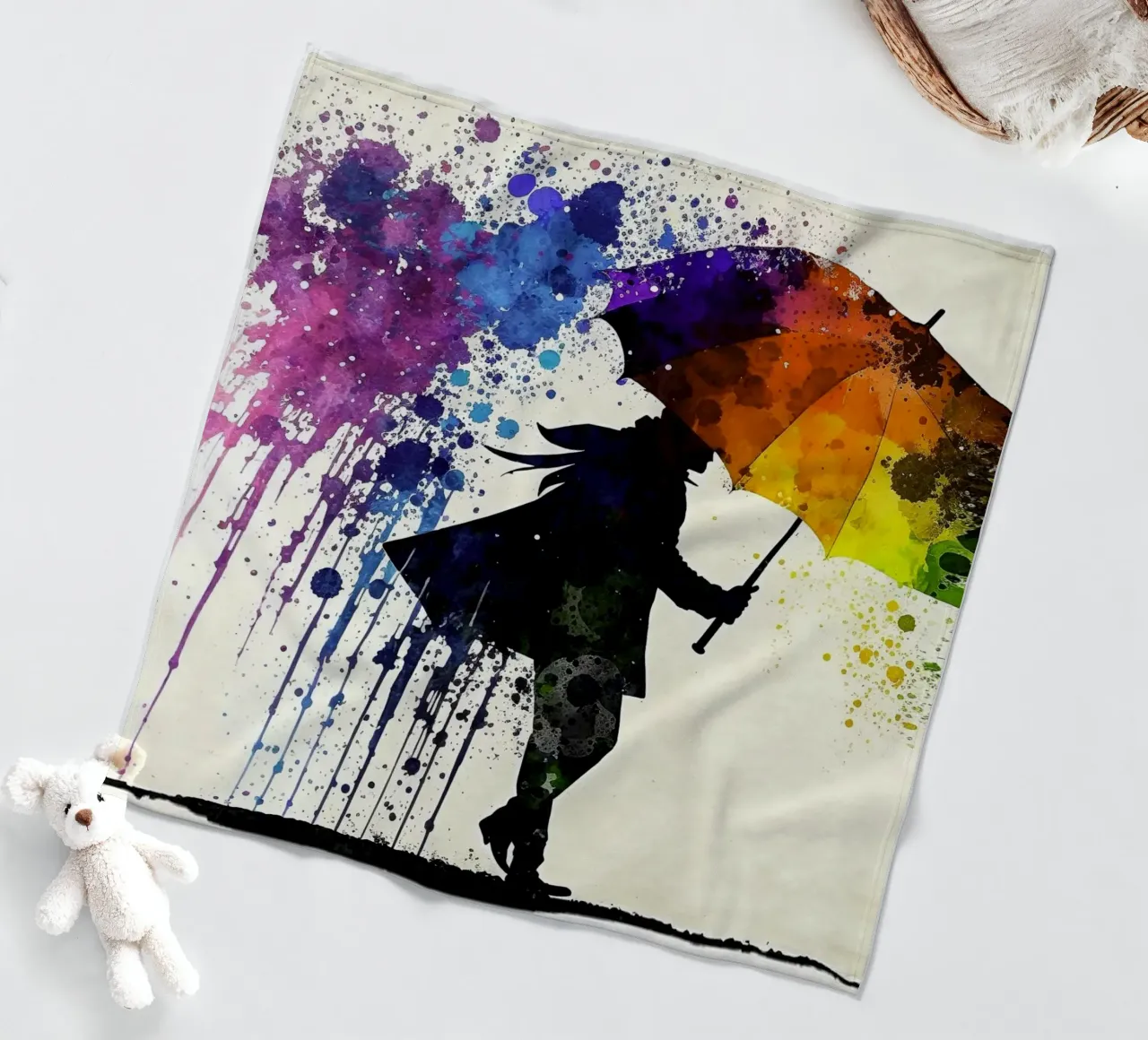 Dynamic watercolor art: silhouette with rainbow umbrella and fleece blanket by peuceta_BA