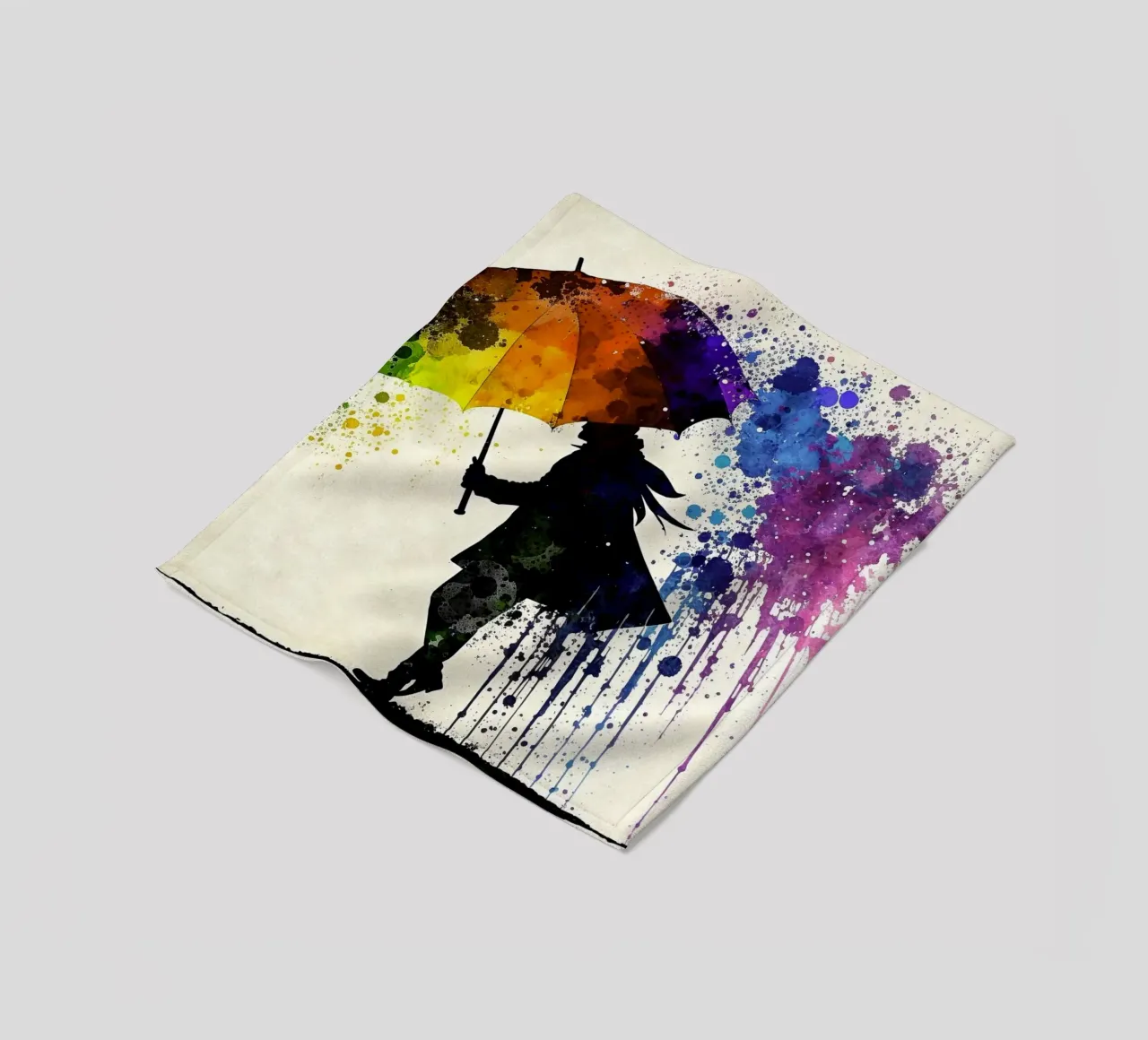 Dynamic watercolor art: silhouette with rainbow umbrella and fleece blanket by peuceta_BA