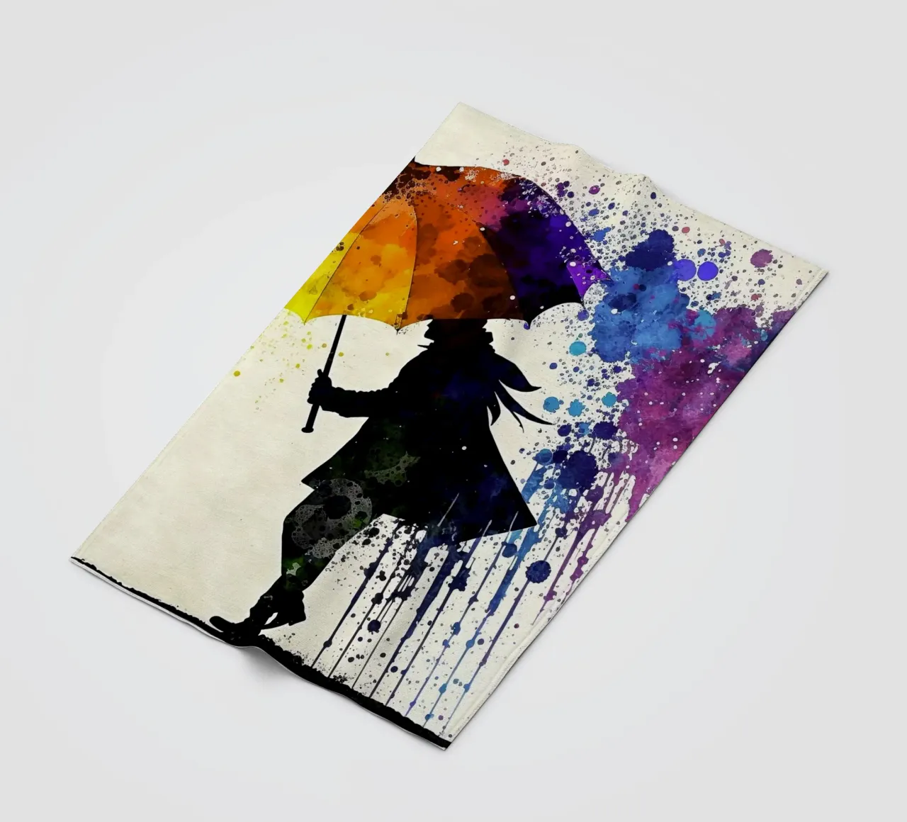 Dynamic watercolor art: silhouette with rainbow umbrella and fleece blanket by peuceta_BA