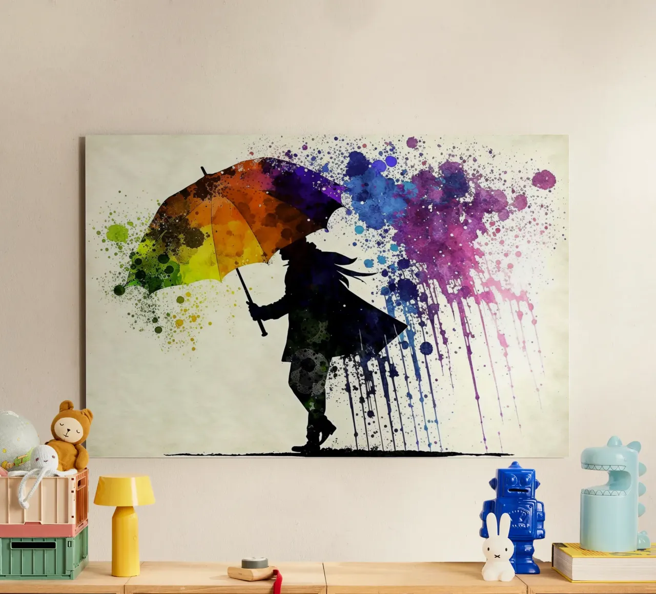 Dynamic watercolor art: silhouette with rainbow umbrella and alu-dibond by peuceta_BA