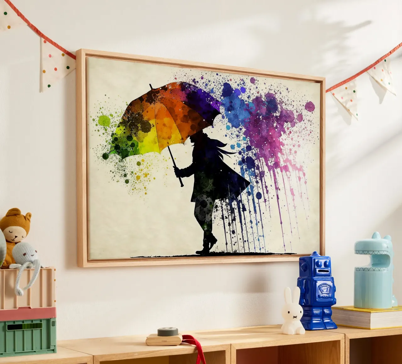 Dynamische aquarelkunst: silhouet met regenboogparaplu en canvas met Baklijst van peuceta_BA