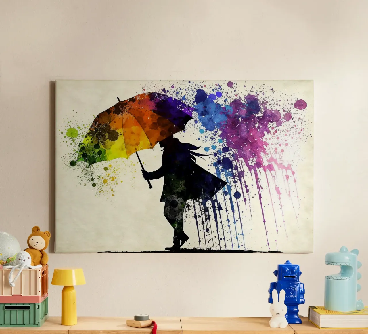 Dynamische aquarelkunst: silhouet met regenboogparaplu en canvas met Baklijst van peuceta_BA