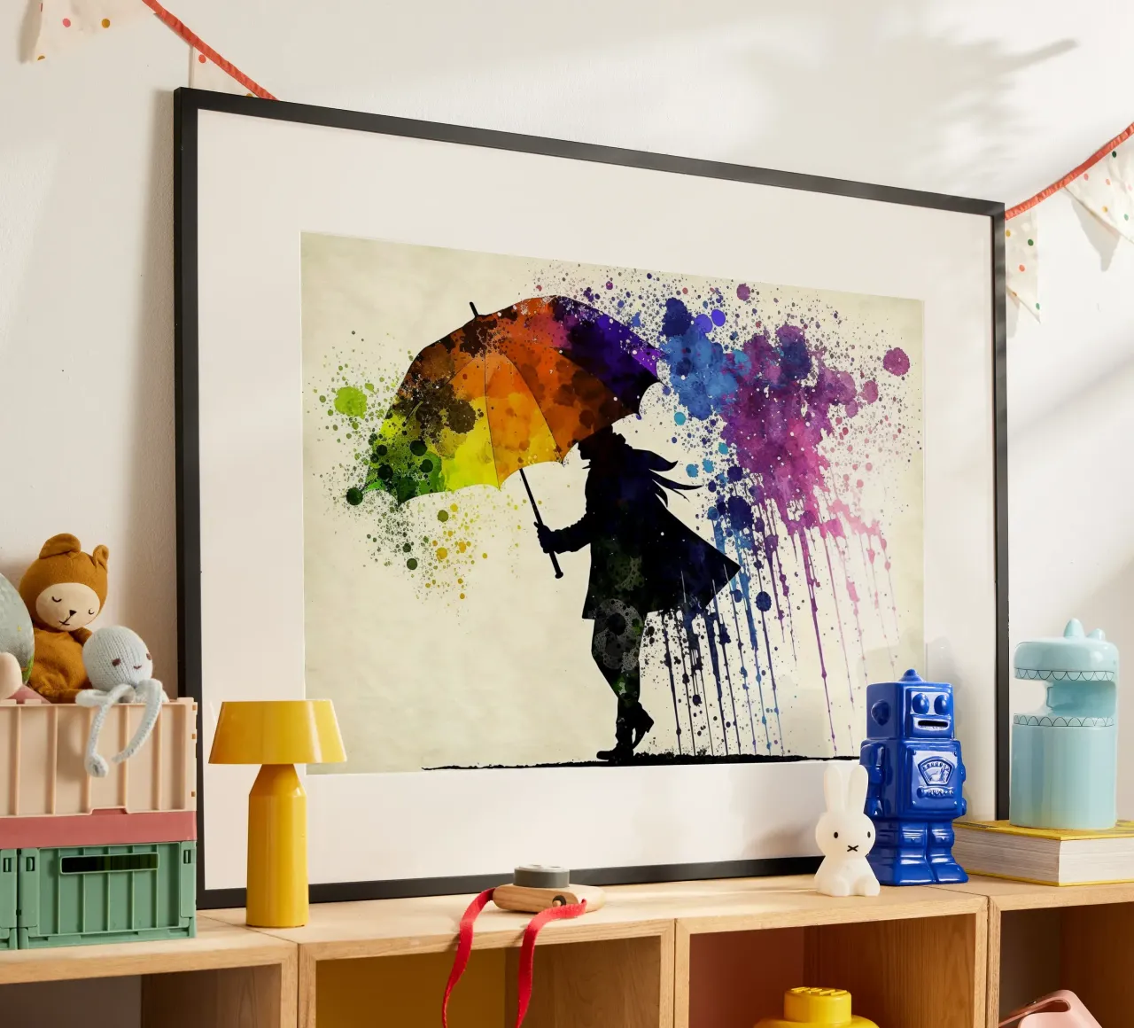 Acquerello dinamico: silhouette con ombrello e ombrello arcobaleno carta hahnemühle da peuceta_BA