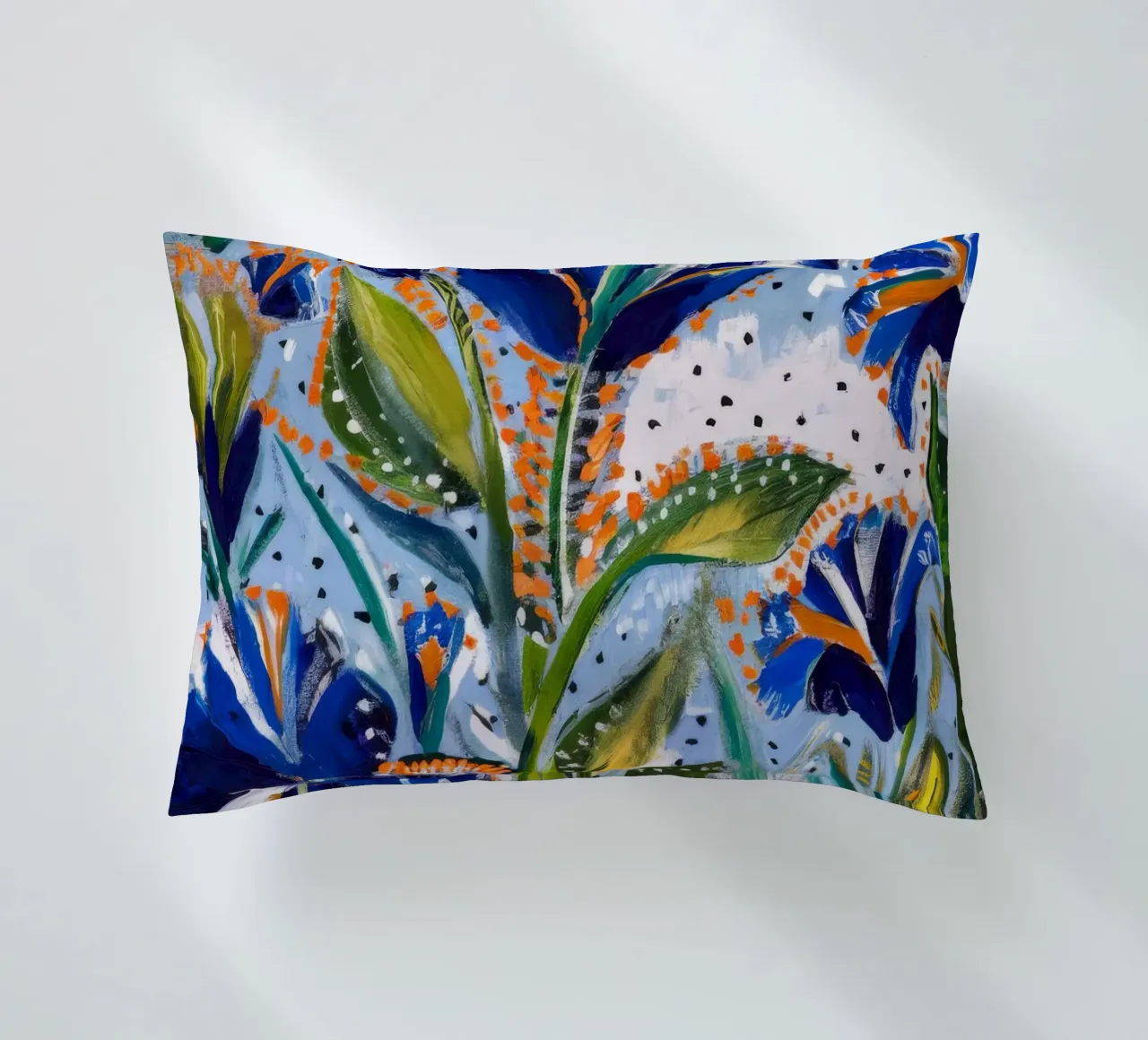 Indigo Bloom Waltz decorative cushion by Obisidian Brush