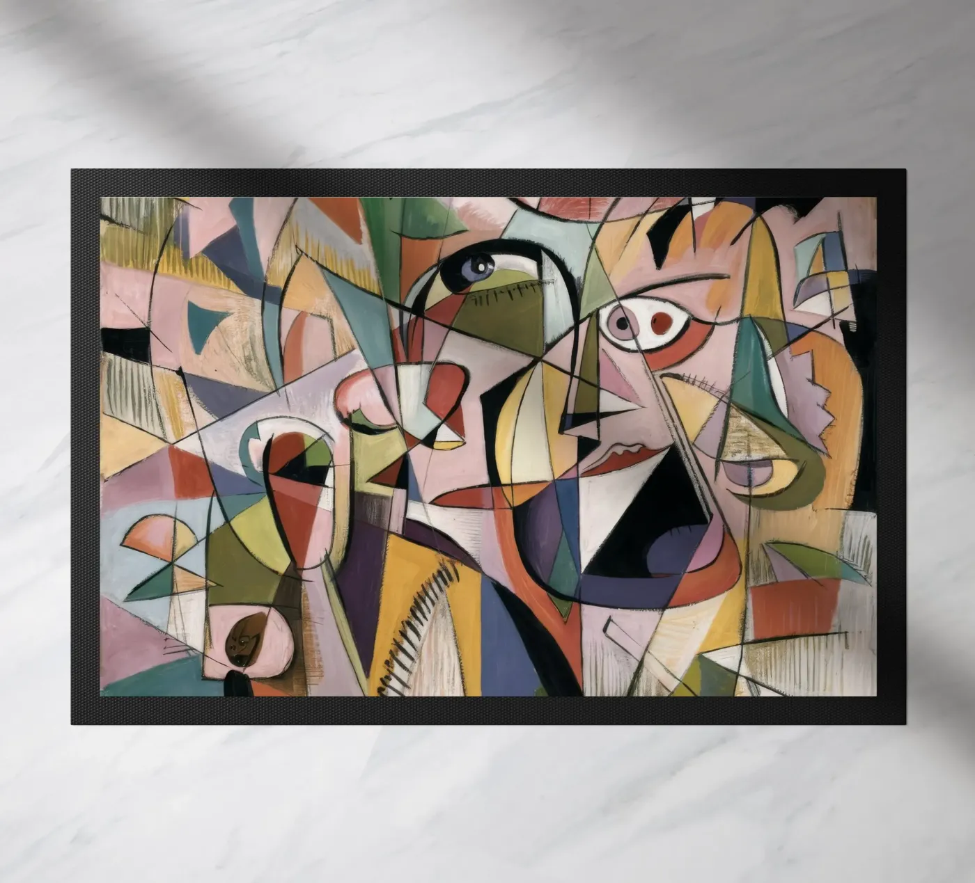 Cubist Echo Faces doormat by Obisidian Brush