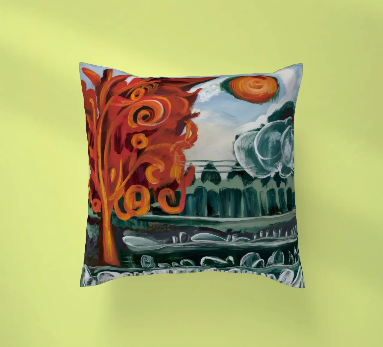 Sun Spiral Grove decorative cushion by Obisidian Brush