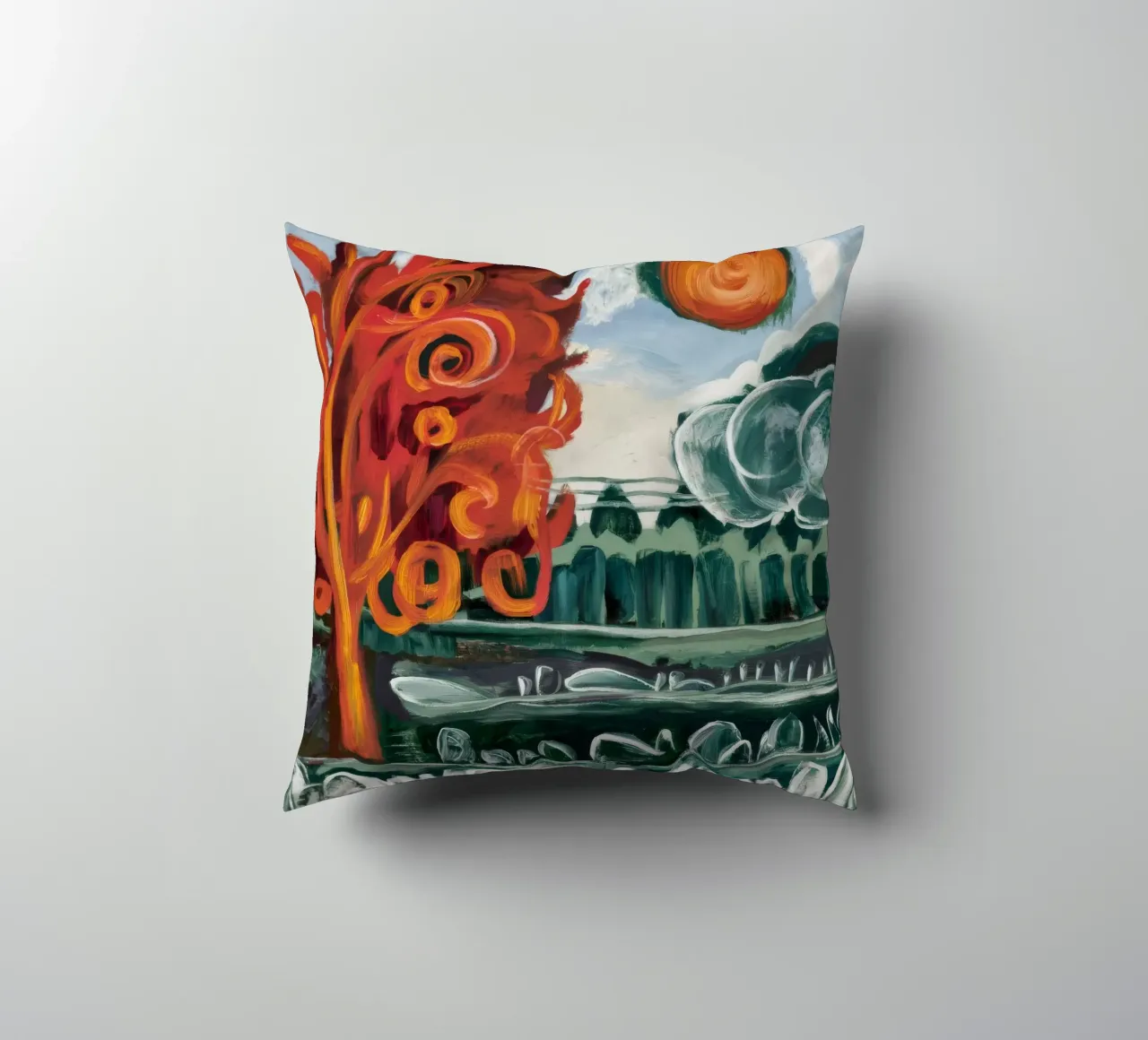Sun Spiral Grove decorative cushion by Obisidian Brush