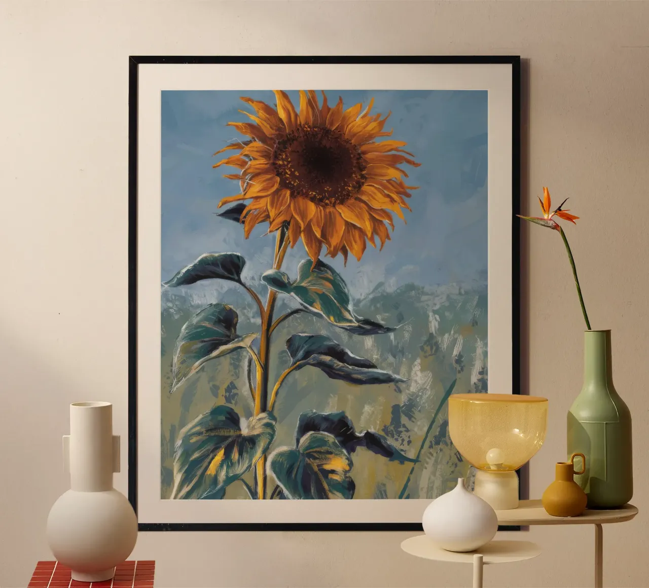 Solemne mirada de girasol poster con marco de aluminio de Obisidian Brush