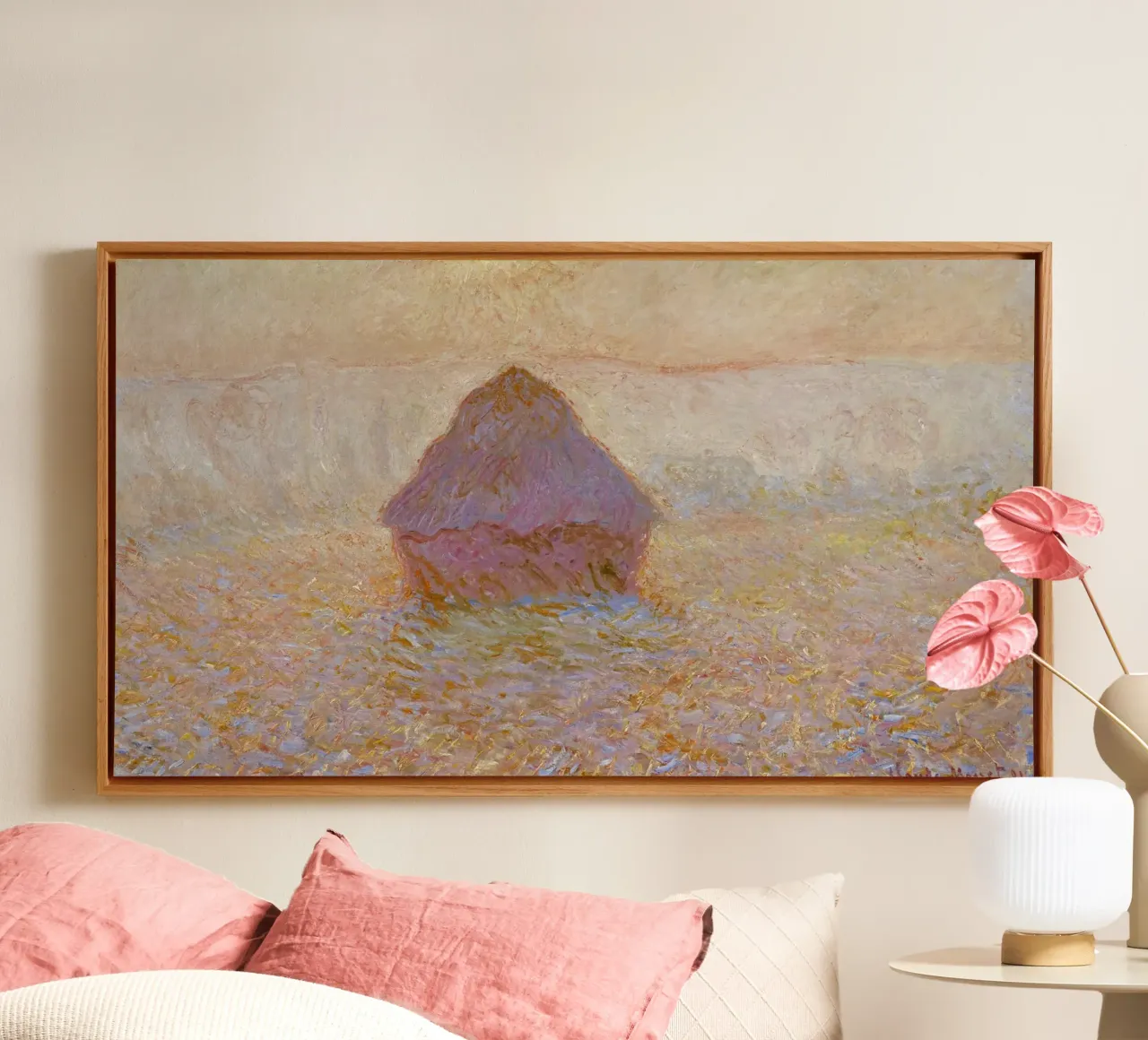 Claude Monet's Grainstack, Sun in the Mist (1891) canvas with Floater frame by Monet Art Prints